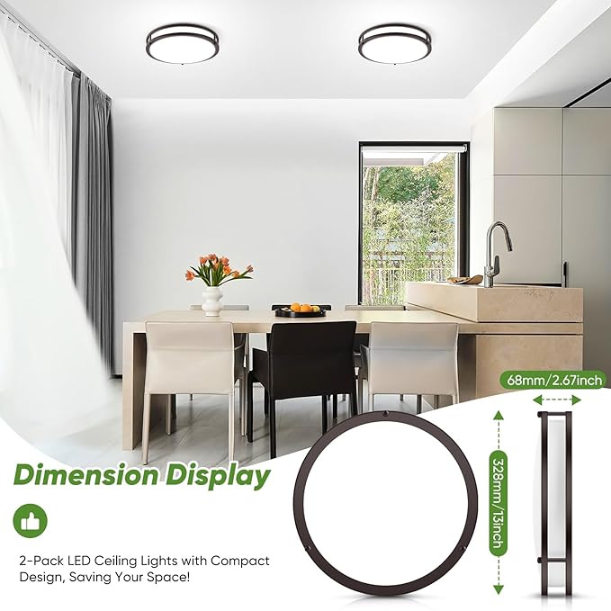 2-Pack 36W LED Ceiling Lights, 13inch Oil Rubbed Bronze Flush Mount Light Fixtures 3600LM 2700K/3000K/4000K/5000K/6500K Adjustable Ceiling Lights, Modern Dimmable Lighting for Kitchen Hallway Bathroom