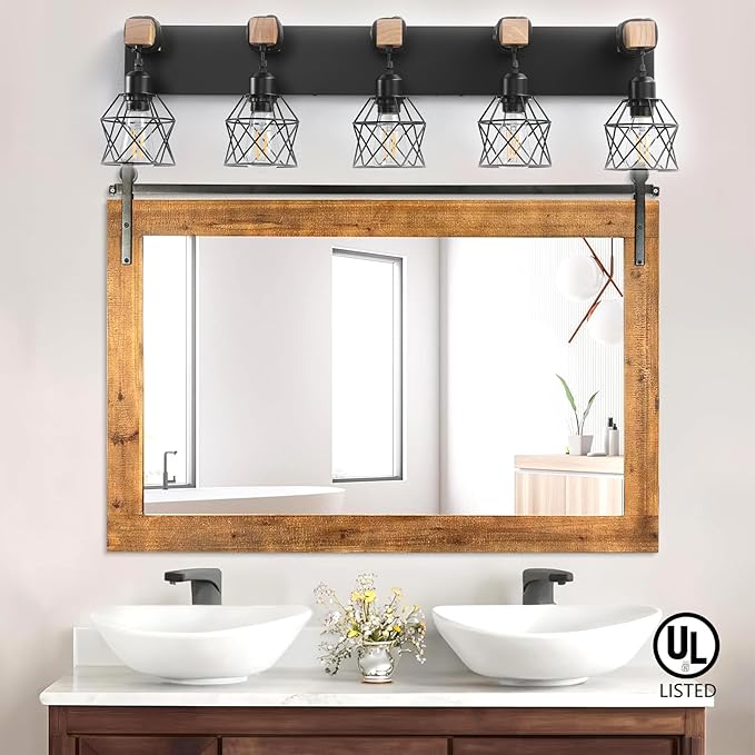 Farmhouse Vanity Light Fixture,5-Light Bathroom Lighting,Black Industrial Wood Wall Light Over Mirror with Metal Shade,LED Bulbs Not Included