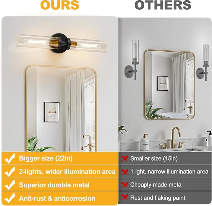 Indoi Black and Gold Wall Sconce, Hardwired Bathroom Sconces Wall Lighting with Clear Glass, Modern Sconces Wall Light fixtures for Bathroom Mirror Living Room Hallway Bedroom