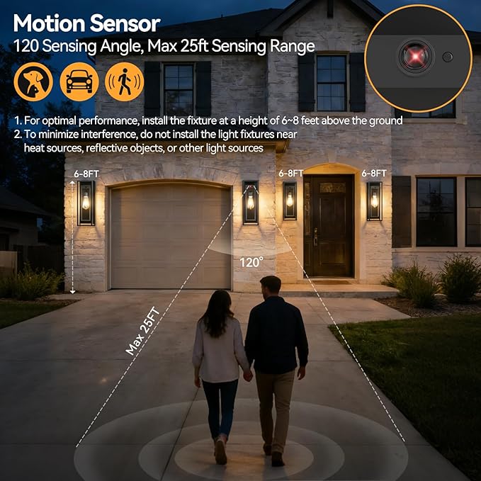 18" Motion Sensor Outdoor Front Porch Light, 2Pack Black Exterior Light Fixture Dusk to Dawn Outside Light for House Exterior Coach Lights with Clear Glass for Garage Porch Patio