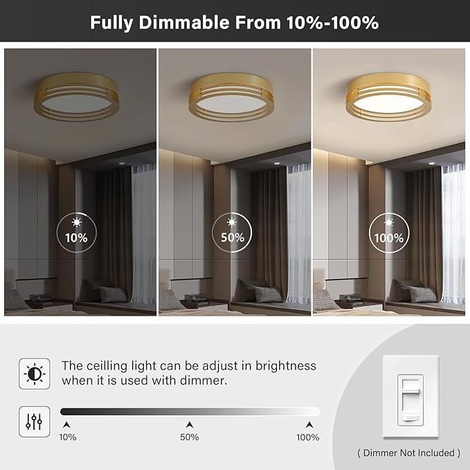 Gold Flush Mount Ceiling Light, Modern Dimmable LED Light Fixture, Minimalist Metal Ceiling Lamp for Bedroom Kitchen Laundry Room Hallway Entry 2700 K - 6000 K 5CCT 11.8 Inch