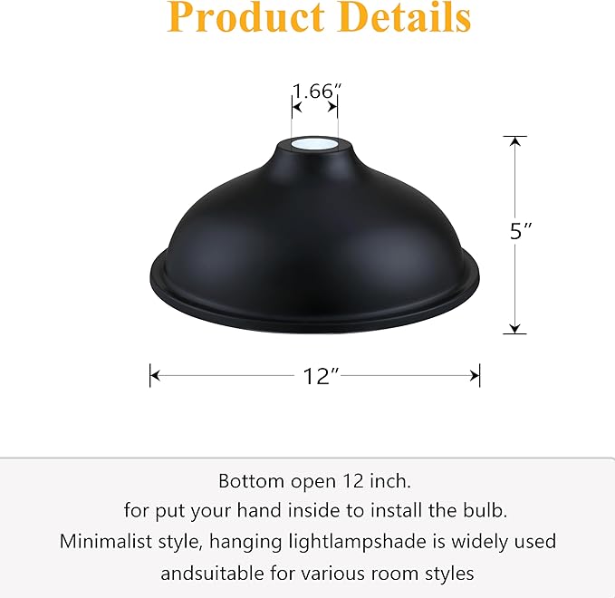 Doraimi Lighting 12" Metal Drum Replacement Shades,1.6" Fitter Opening for Threaded Medium E26 Base Socket,H5.9*D12 Black Finish 2 Pack