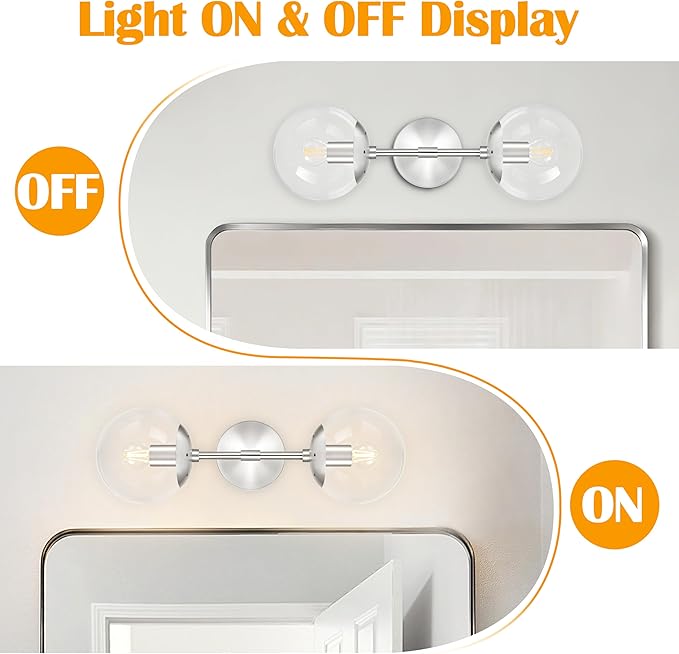 KoKo&Yukina Nickel 2 Light Vanity Light Fixtures Mid Century Modern Bathroom Vanity Light Globe Sconce with Clear Glass for Bathroom Bedroom