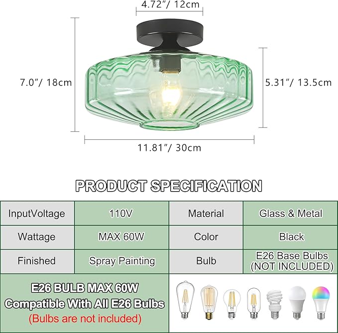 Semi Flush Mount Ceiling Light, 11.8" Vintage Green Glass Ceiling Lights, 1-Light Mid Century Modern Drum Close to Ceiling Light Fixtures for Bedroom Kitchen Entryway Hallway Porch Foyer