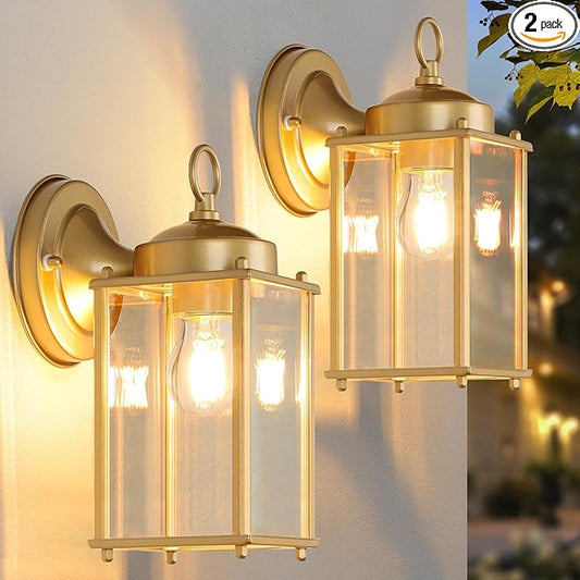 MATAMEYE Large Outdoor Wall Lantern, Exterior Waterproof Wall Sconce Light Fixtures, Gold Front Door Lighting with Clear Beveled Glass, Anti-Rust E26 Socket Porch Lamp, 2 Pack