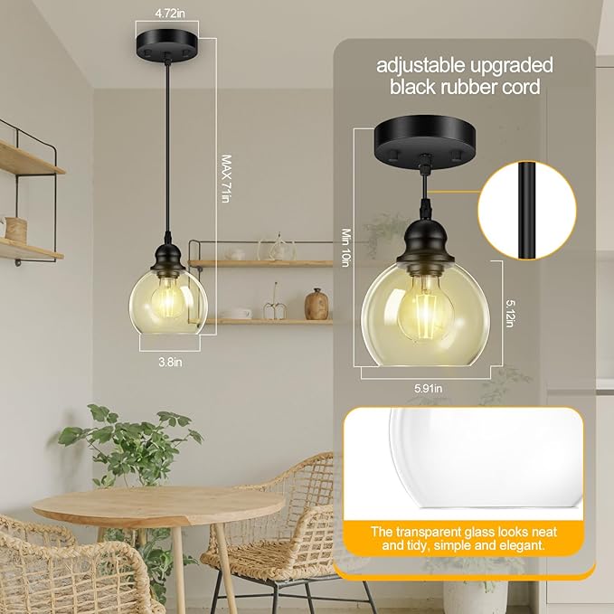 Pendant Lights Kitchen Island, Black Pendant Light with Glass Lampshade, 71 Inch Adjustable Hanging Lamp for Kitchen Living Room, Modern Farmhouse Industrial Ceiling Lighting Fixture(E26 Base,No Bulb)