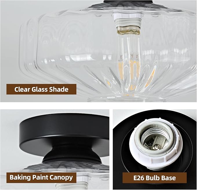 Glass Semi Flush Ceiling Lights - 12 in Vintage Mid Century Modern Lighting Fixture - Black Drum Unique Art Deco Mount Light Fixtures for Hallway Entry Way Hall Kitchen Dining Laundry Room Foyer Porch