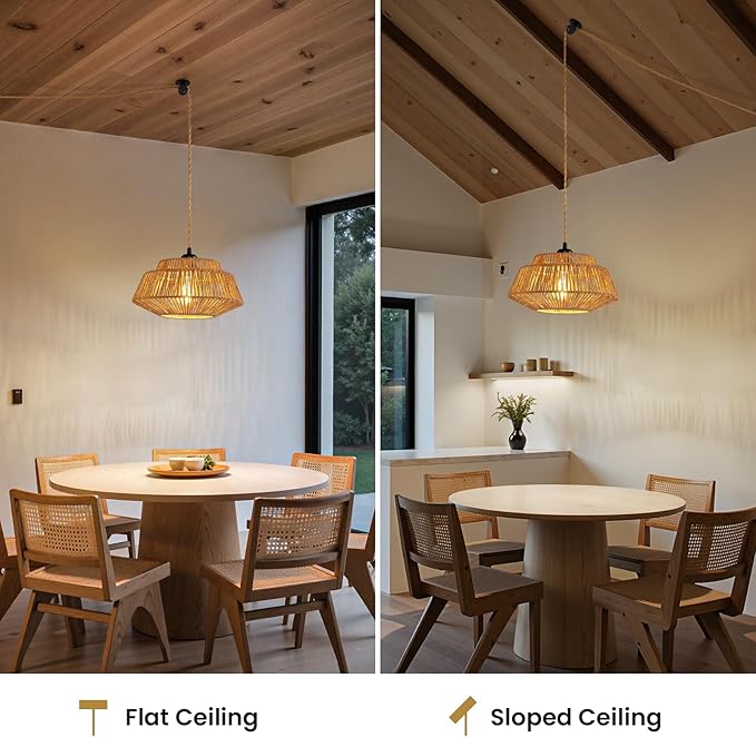 Epinl Hanging Lamp Plug in Pendant Light - Boho Hanging Light 11.8 inch Rattan Pendant Lights for Ceiling Dimmable Hanging Lamps for Living Room Bedroom Kitchen Farmhouse with 23ft Cord