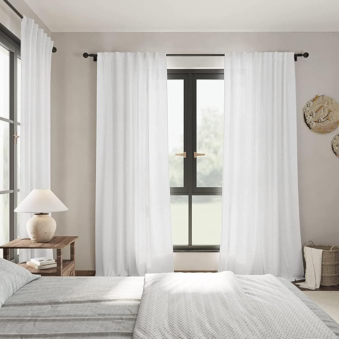 38 inch Width White Semi Sheer Linen Curtains 90 inches Long for Living Room Back Tab Modern Farmhouse Boho Coastal Decor Cotton Textured Narrow Window Curtains 90 inch Length for Sitting Room
