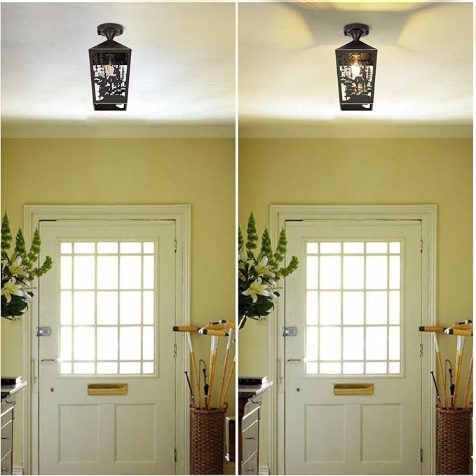 Farmhouse Semi Flush Mount Ceiling Light Fixture, Rustic Black Metal Deer Animal Light Fixtures for Log Cabin Hallway, Foyer, Kitchen, Balcony, and Outdoor Porch Lighting (Bulbs Not Included)