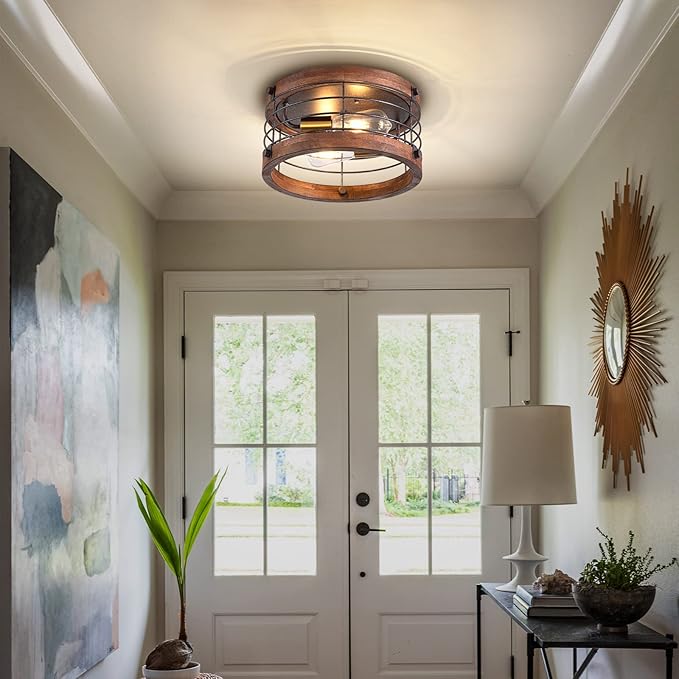 Farmhouse Flush Mount Ceiling Light, 12.6 Inch 2-Light Metal and Wood Close to Ceiling Light Fixture, Rustic Drum Semi Ceiling Light for Kitchen, Dining Room, Living Room, Hallway, Entryway