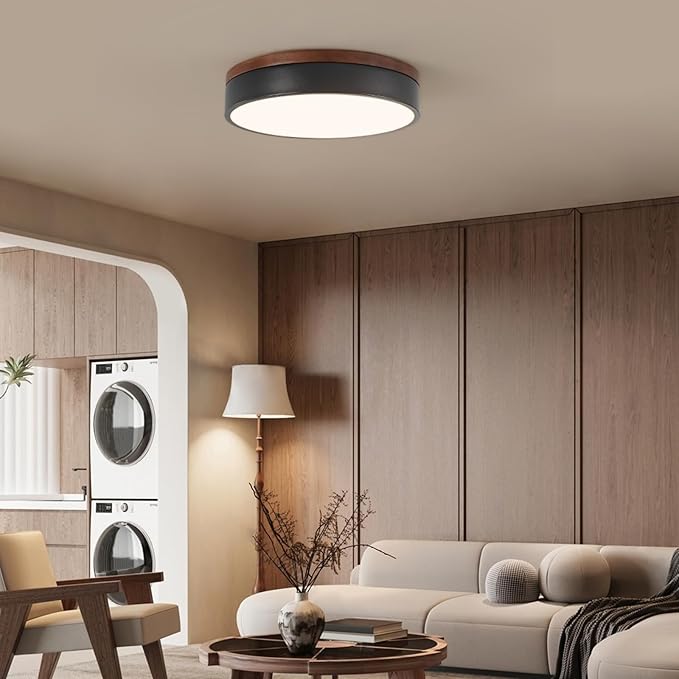 Led Flush Mount Ceiling Light: 11.8" Modern Dimmable Black Walnut Wood Low Profile Farmhouse Close to Ceiling Light Fixture - Round Minimalist Simple Flat Overhead Lighting for Bedroom Laundry Kitchen