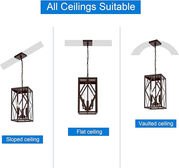 Outdoor Pendant Light Fixture 3-Light, 15.7in Farmhouse Bronze Outdoor Chandelier Hanging Porch Light, Metal Exterior Ceiling Mount Hanging Lantern with Clear Glass for Front Door Entrance