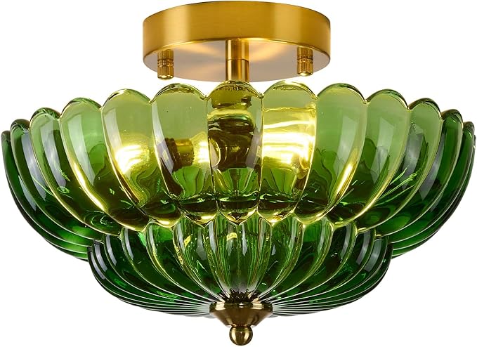 Semi Flush Mount Ceiling Light, Green Glass Ceiling Light Fixture, 3-Bulb Gold Close to Ceiling Light, Vintage Glass Ceiling Lights for Bedroom Kitchen Living Room, Support inline roof installation
