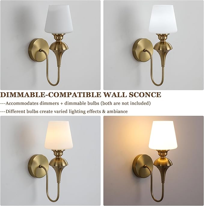 LASENCHOO Modern Gold Wall Sconce, 1-Pack Antique Brass Wall Light Fixtures with Glass Shade, Vintage Sconces Wall Lighting Single Wall Mounted Lamp for Bedroom Living Room Bathroom Vanity Light