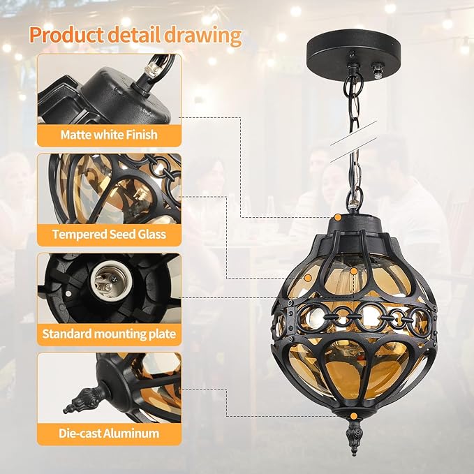 Dusk to Dawn Rust proof Outdoor Pendant Lights,Waterproof Aluminum Black Sphere Outdoor Chandelier for Porch,Gazebo,Vintage Exterior Hanging Pendant Light Fixtures with Adjustable Chain,with Sensor