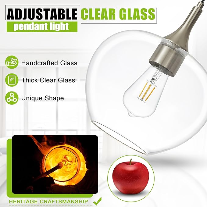 Glass Pendant Lights Kitchen Island, 9.45'' Brushed Nickel Pendant Lighting Fixtures, Modern Hanging Ceiling Light with Clear Glass Shade for Farmhouse Dining Room Bedroom Hallway(1 Pack)