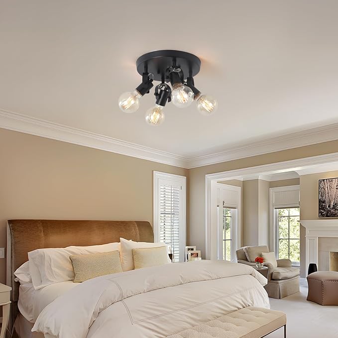 4-Light Kitchen Ceiling Spotlight，Multi-Directional Track Lighting Fixtures Ceiling with Open No Shade Design, Black Ceiling Light for Kitchen Island, Sink,Dining Room, (E26, Bulb Not Included)