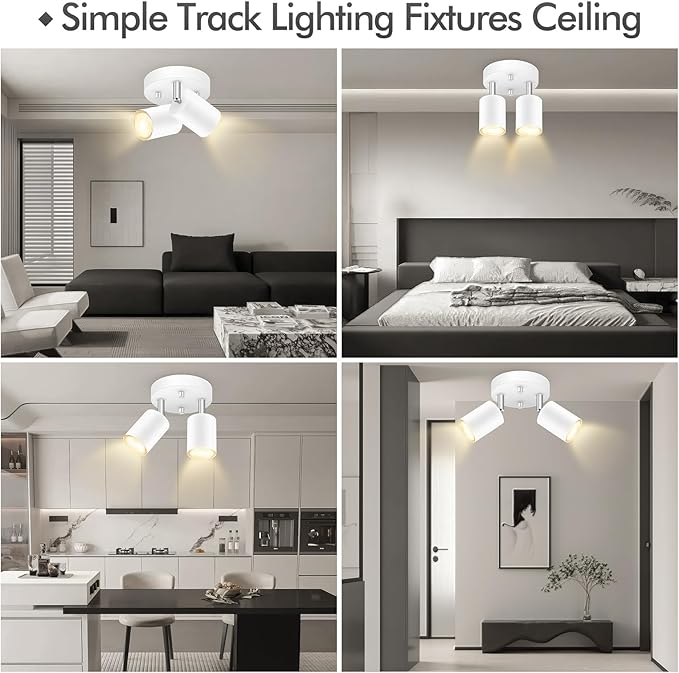 2 Light Track Lighting Fixtures Ceiling, Matte White Round Directional Ceiling Spotlight, GU10 Flush Mount Track Fixture, Flexibly Rotatable Light Head for Kitchen/Living Room, Bulb Not Included