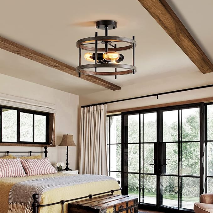 AGV LIGHTING Semi Flush Mount Ceiling Light Fixture, 3-Light Farmhouse Light Fixture Ceiling Mount Wooden Textures with Black