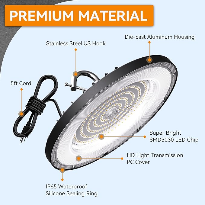 10 Pack UFO Led High Bay Light 200W, 30000lm, 6000K Daylight ETL Listed Led Shop Lights with 5' Cable US Hook, IP65 Waterproof Commercial Lighting Fixture for Warehouse Workshop Barn Garage