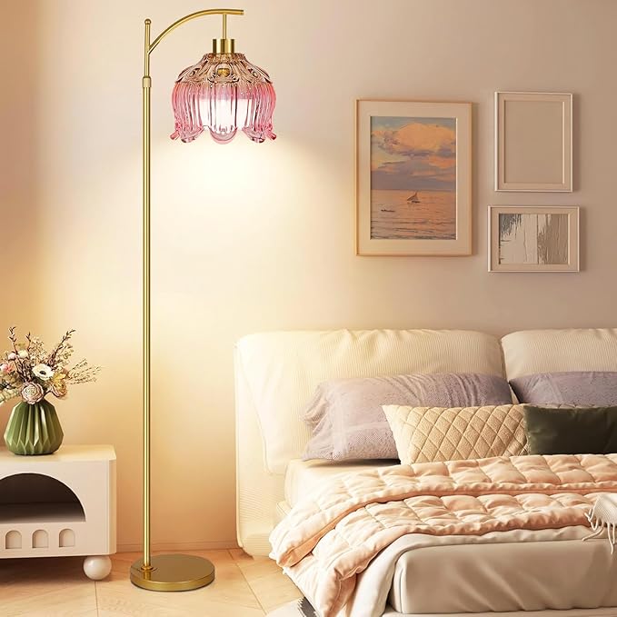 QIYIZM Pink Floor Lamp for Living Room,Bedroom,Gold Dimmable Standing Lamp with Remote,Mid Century Modern Brass Tall Lamp Boho Floor Lamps Arc Stained Glass Flower Floor Light Lamp Girls kids Bohemian