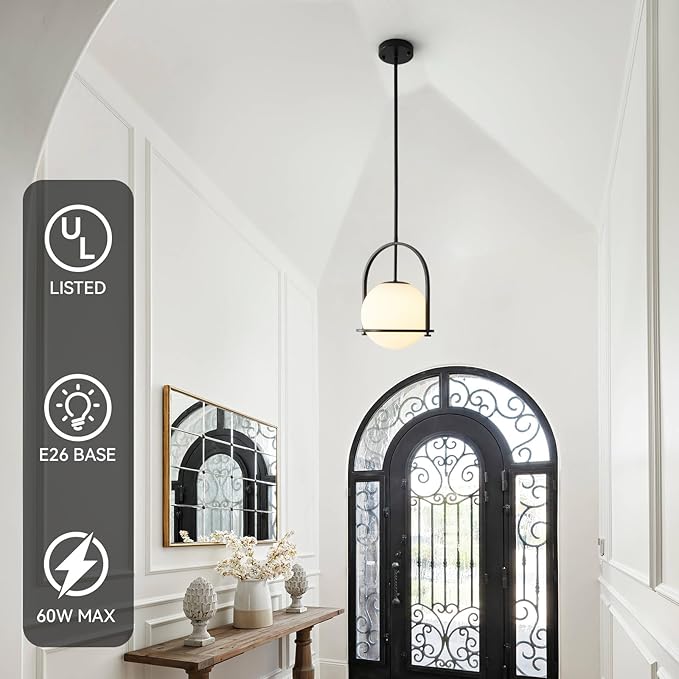 youngrender Modern Black Schoolhouse Pendant Light Fixture, 6" Black Globe Pendant Lighting with Hanging Adjustable Height, One Light Milk Glass Chandelier for Kitchen Island Dining Room Hallway