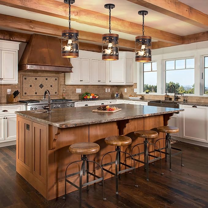 Rustic Bear Pendant Light, 1-Light Farmhouse Wood and Metal Cage Chandelier, Adjustable Hanging Ceiling Fixture for Kitchen Island, Hallway, Bar, Dining Room, Foyer, or Bedroom, (No Bulb Included)