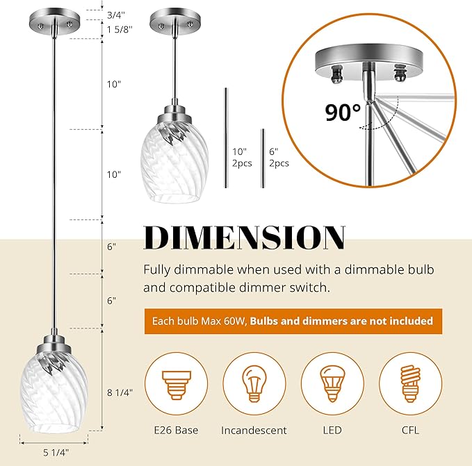 Glass Pendant Lights Kitchen Island,Twisted Clear Glass Treatment Pendant Light,Modern Hanging Light for Kitchen Sink Dining Room Bedroom, E26 (Brushed Nickel, 2pack)