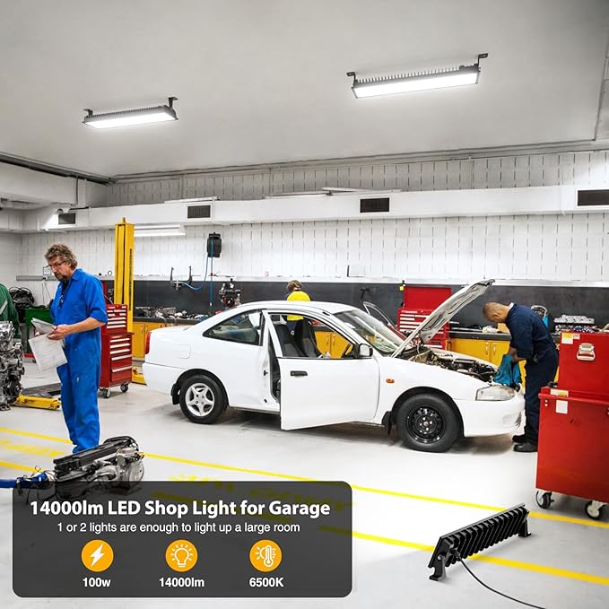 Onforu 1Pack LED Shop Lights,100W 14000lm Plug in Ultra Bright LED Work Lights,6500K Daylight White Garage Light,IP66 Waterproof Lighting for Garage Warehouses Workshop