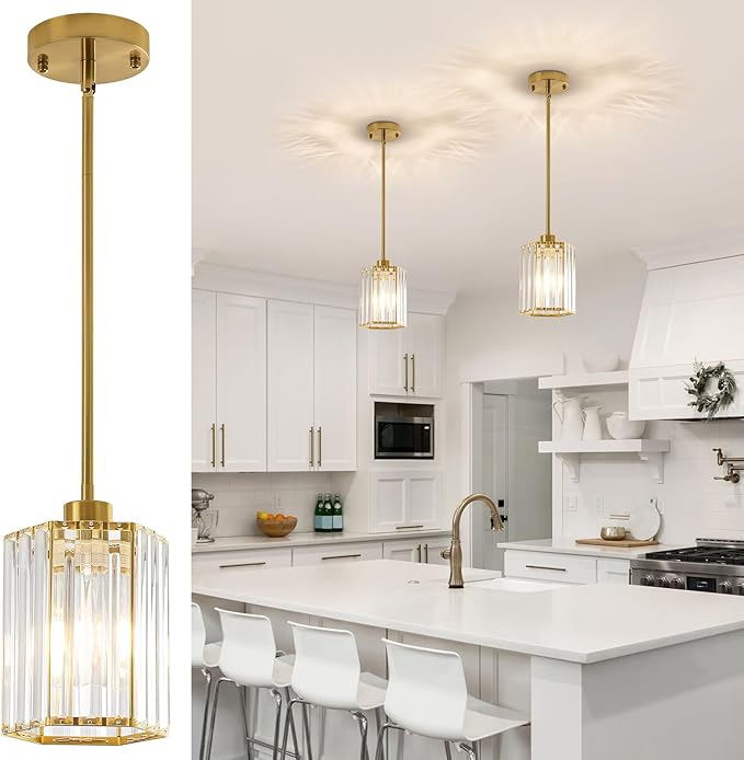 2 Pack Crystal Pendant Lights, Brushed Gold Kitchen Hanging Pendant Light Fixtures, Modern Hexagonal Crystal Pendant Lighting for Kitchen Island, Dining Room, Hallway, Foyer Entryways