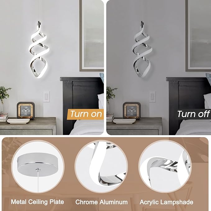Modern Led Pendant Light Fixture, 15W Chrome Spiral Led Chandelier Hanging Lamp, 4500K Daylight White Pendant Lamp, Adjustable Height Pendant Light for Kitchen Dining Room Bedroom Kitchen Island Cafe