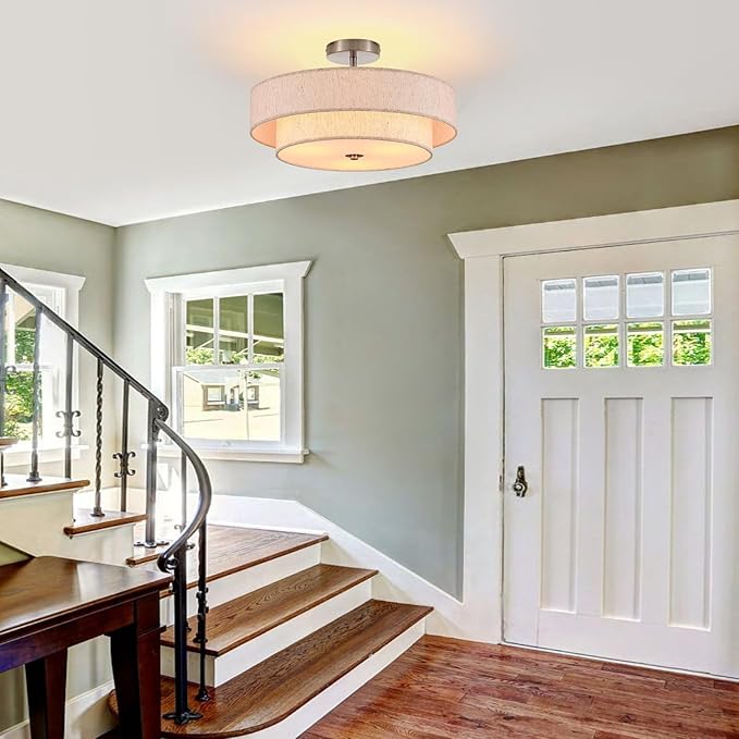 18" Semi Flush Mount Ceiling Light 3-Light Modern Linen Drum Ceiling Lighting with Chrome Finish, Vintage Ceiling Light for Living Room, Kitchen, Basement, Laundry Room, Bedroom