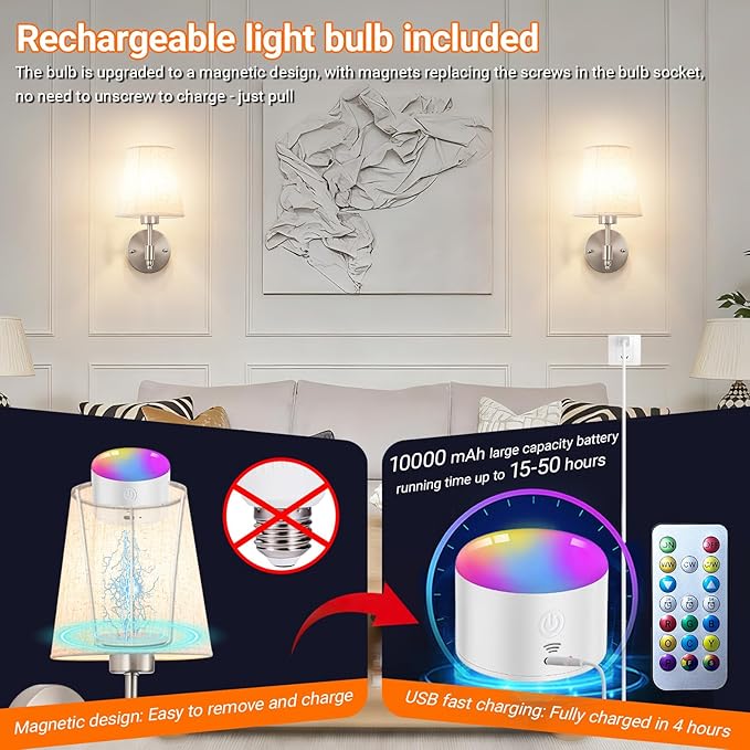 YHCDLAMP Peel and Stick Wall Sconces, No Drilling Stick On Wall Sconce, Wireless Battery Operated Wall Lights, Adhesive Wall Lamp with 10000mAh Battery Bulb for Bedroom Living Room Decor
