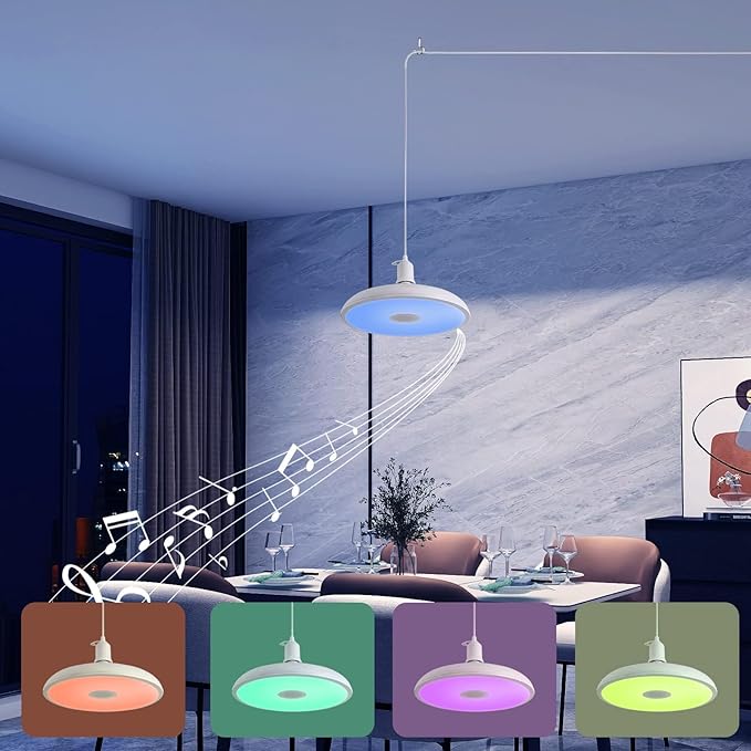HOREVO Plug-in Pendant Light with Remote Control, Bluetooth Speaker, and Color Changing LED 8.7" 18W Adjustable Farmhouse Hanging Fixture for Kitchen Island, Bar, Dining Room, Bedroom, Entryway