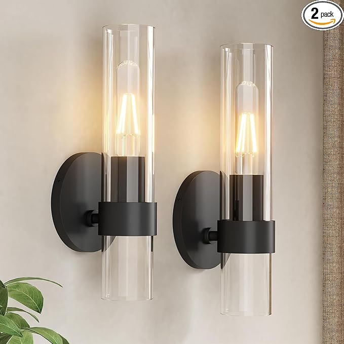 Wall Sconce Set of Two, Hardwired Bathroom Wall Sconces Lighting with Clear Glass, Modern Wall Sconces Set of 2 Wall Light fixtures for Bathroom Mirror Living Room Hallway Bedroom(Black)