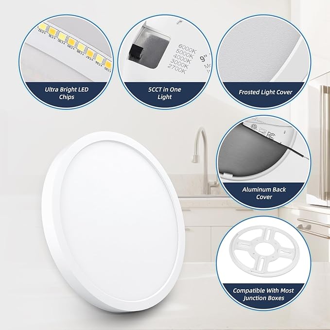 ECOELER 12inch LED Flush Mount Ceiling Light, 5CCT Selectable Round Flat Panel Light, 28W 2400Lm, Dimmable Surface Mount Lighting Fixture for Kitchen, Hallway, Laundry, ETL Listed, 2 Pack