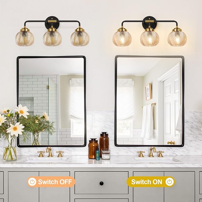 MOKATNG Bathroom Light Fixtures, 3-Light Amber Vanity Lights with Unique Leaf Texture Glass Shade, Modern Matte Black and Gold Bathroom Wall Lamp for Mirror Hallway Cabinet Living Room