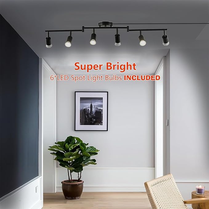 Dimmable 6 Light Black Plug in Track Light White Plug in Ceiling Lighting Fixture with 16.4' Long Cord,6 Way Ceiling Spotlight,Rotatable Wall Mount Light Head,LED dimmable Spot Bulbs Included