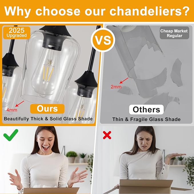 38" Dining Room Light Fixture/Chandelier Over Table, 8-Light Matte Black Kitchen Island Lighting with Clear Glass Shade, Modern Hanging Pendant Lights Fixture for Kitchen Island, Dining Room, Bar