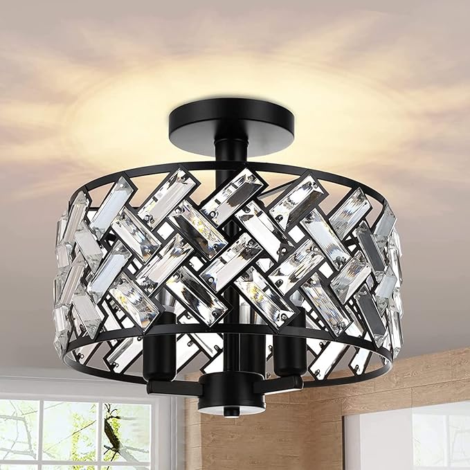 FRIDEKO HOME Black Crystal Ceiling Light - 3-Light Light Fixture Ceiling Mount Semi Flush Mount Ceiling Lights for Kitchen Bedroom Hallway Living Room Dining Room（3 Light-Black）