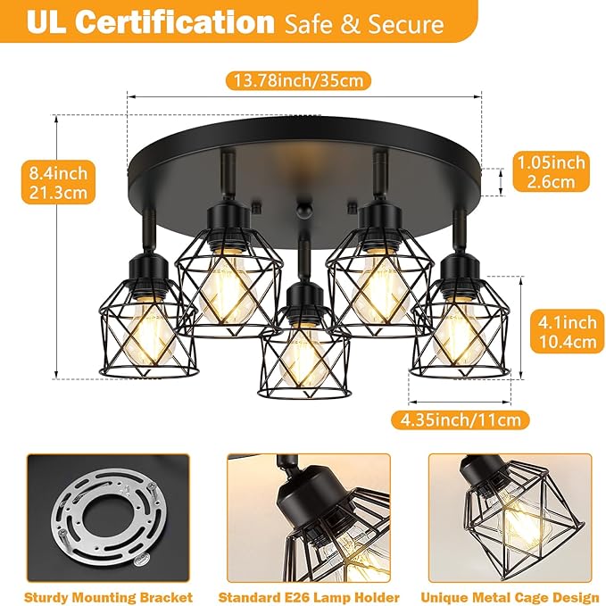 5-Light Adjustable Kitchen Light Fixtures, Multi-Directional Black Ceiling Light Fixtures, Semi Flush Mount Ceiling Light, Vintage Metal Cage Spotlight Fixture for Hallway Dining Room Entryway