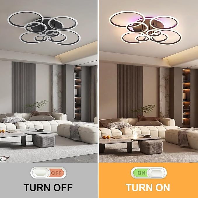Modern LED Ceiling Light,41.3'' Dimmable Flush Mount Ceiling Lights with Remote,Acrylic Round Ceiling Lighting Fixture for Living Room Dining Room Bedroom Kitchen(Black,8 Rings,80W)