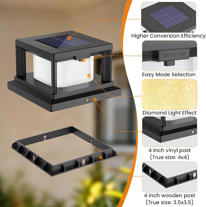 Mlambert 12 Pack Solar Post Lights Outdoor, 2 Modes LED Fence Cap Light for 4x4 Post, Waterproof Deck Light Patio Garden Decor, Warm/Cool White, Black