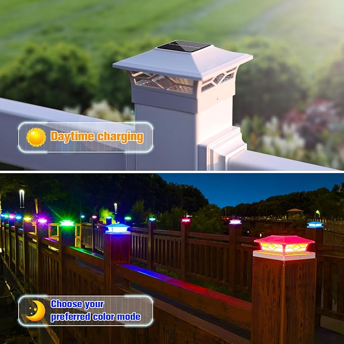 VOLISUN Solar Post Cap Light Outdoor Waterproof: RGB Color Changing - Solar Fence Cap Flashing Lights 8Pack White for 4x4 5x5 6x6 Wooden Vinyl Post