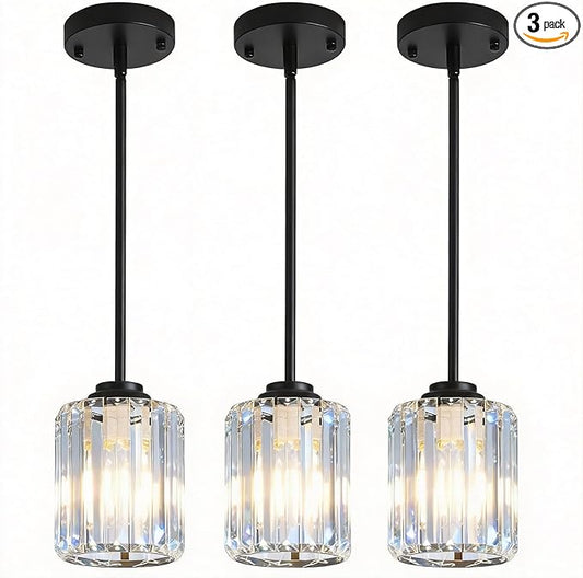 3 Pack Crystal Pendant Lights Kitchen Island, Adjustable Hight Modern Black Mini Chandelier, Ceiling Hanging Light Fixtures, Lamparas Colgantes for Kitchen Hallway Dining Room Bedroom