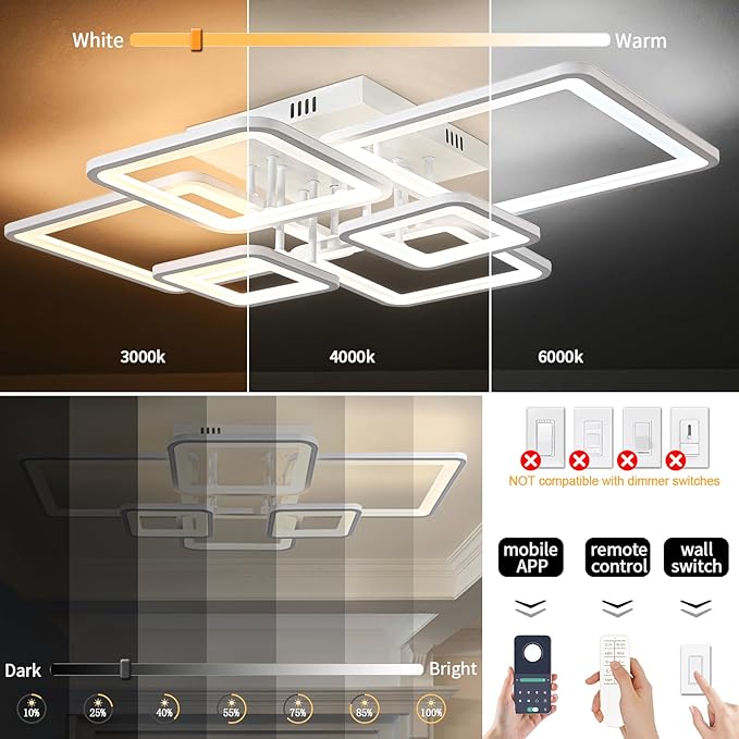 Shine LUEST Modern LED Ceiling Lights for Bedroom Dimmable Modern 6 Ring Square Ceiling Lights for Living Room with Remote Control White Bedroom Ceiling Lamp Fixures for Kitchen,Bathroom,Balcony