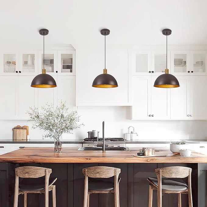 12 Inch Oil Rubbed Bronze Dome Pendant Lights 3 Pack for Kitchen Island, Height Adjustable Farmhouse Industrial Hanging Light Fixtures Over Table for Dining Room, Entryway