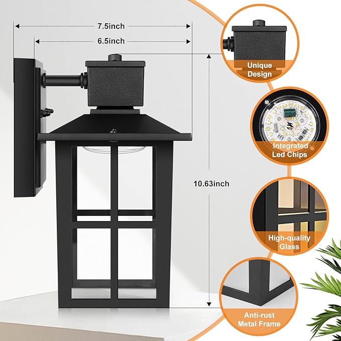 Brightever LED Outdoor Wall Lights, 10W Black Exterior Light Fixture with Clear Glass Shade, 3000K/4000K/6500K Selectable, 800LM High Brightness Outdoor Wall Lanterns for Patio Waterproof, Pack of 2