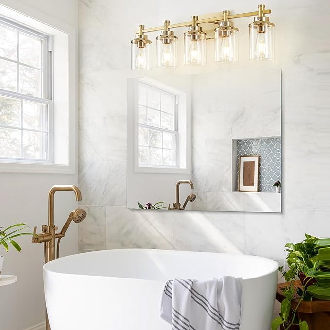 5-Light Modern Vanity Lights Over Mirror, Brushed Brass Bathroom Sconce with Clear Glass Shade